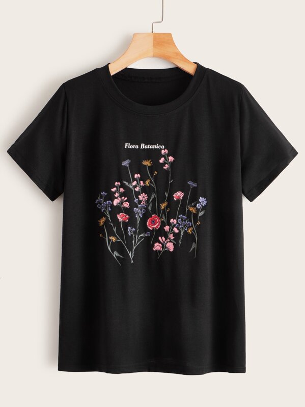 

Floral And Letter Print Tee, Black