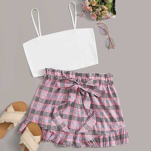 

Crop Cami Top With Plaid Ruffle Hem Tie Front Shorts, Multicolor