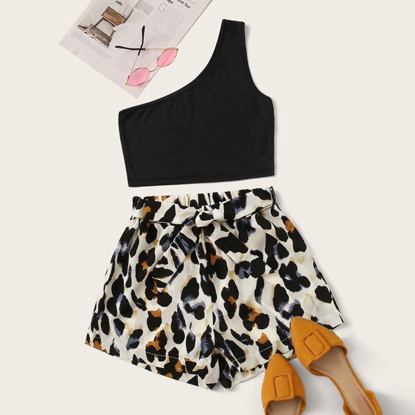 

One-Shoulder Crop Top & Leopard Shorts Set, Multicolor