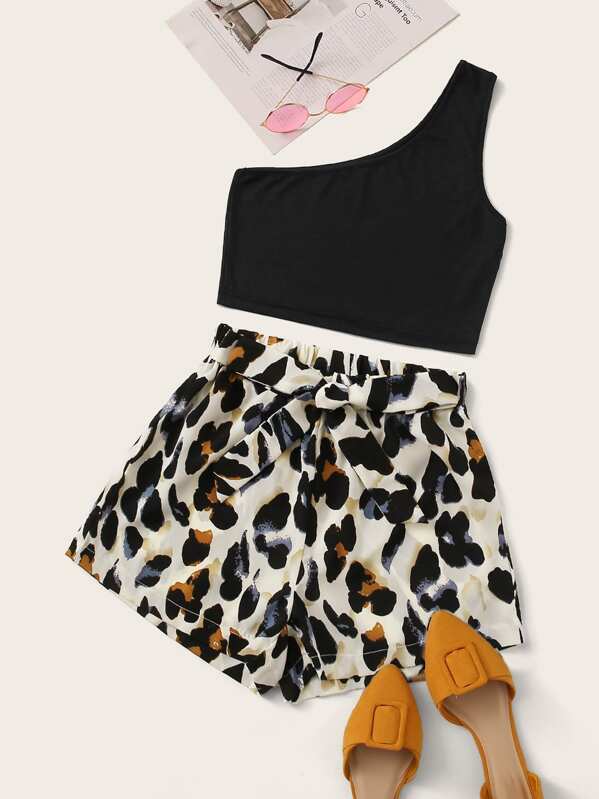 

One Shoulder Top With Leopard Tie Front Shorts, Multicolor