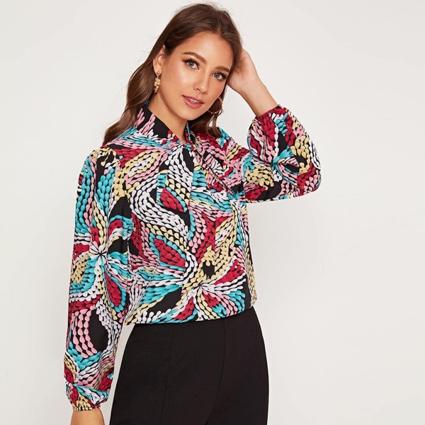 

Graphic Print Tie Neck Blouse