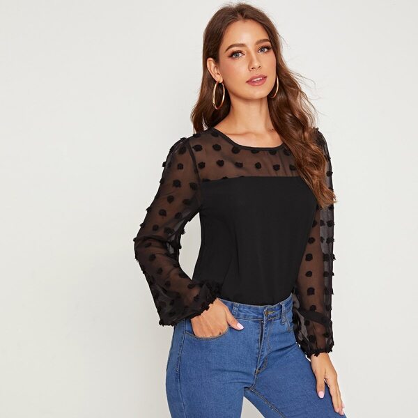 

Swiss Dot Mesh Contrast Blouse, Black
