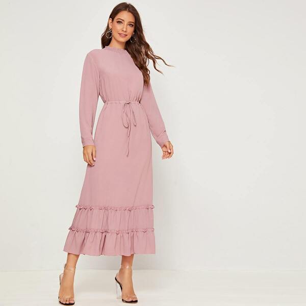 

Solid Drawstring Waist Ruffle Hem Dress