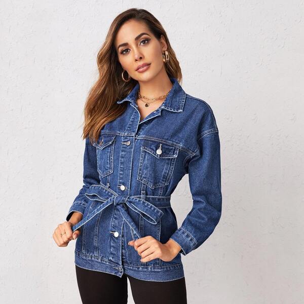 

Drop Shoulder Belted Denim Jacket, Blue