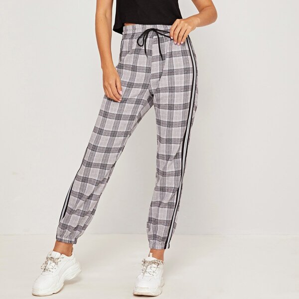 

Plaid Contrast Tape Drawstring Pants, Multicolor