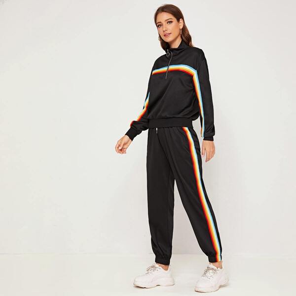 

Rainbow Stripe Zip Half Sweatshirt & Pants Set, Black