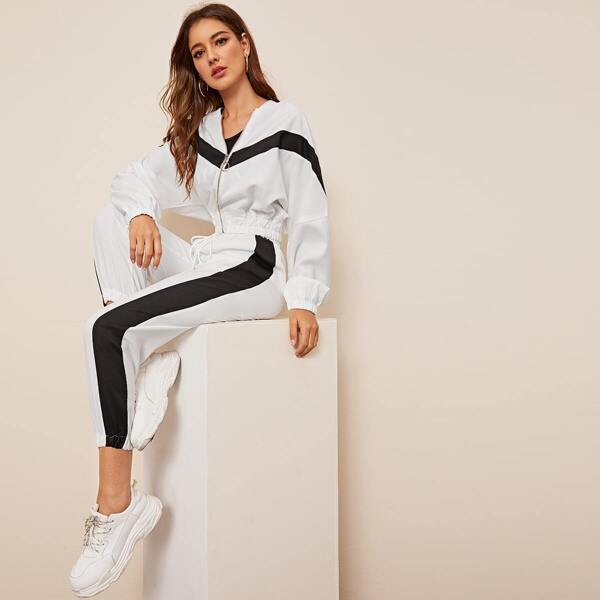 

Chevron Print Zip Up Jacket & Pants Set, Black and white