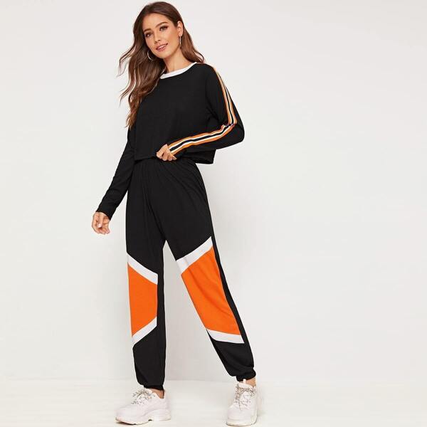 

Striped Sleeve Round Neck Tee & Sweatpants Set, Black