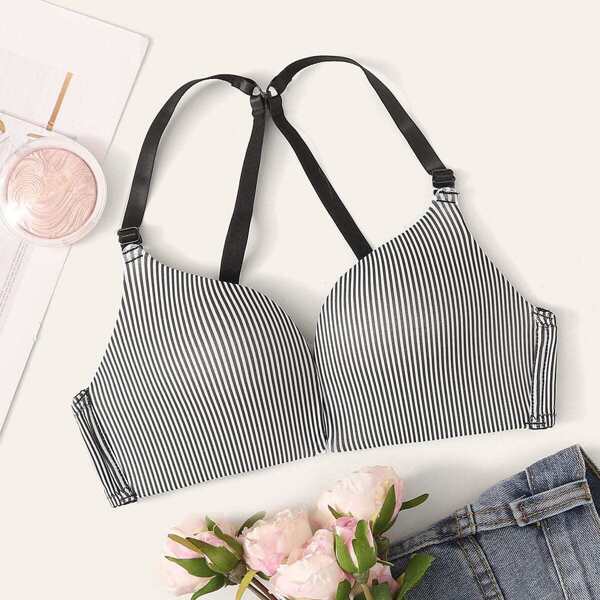 

Adjustable Strap Striped Bra, Black and white