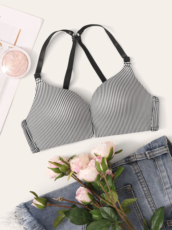 

Adjustable Strap Striped Bra, Black and white