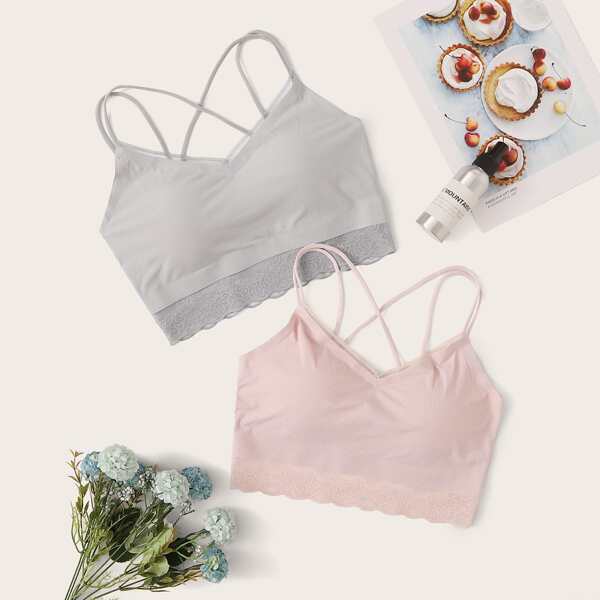 Floral Lace Trim Crisscross Bra Set 2pack