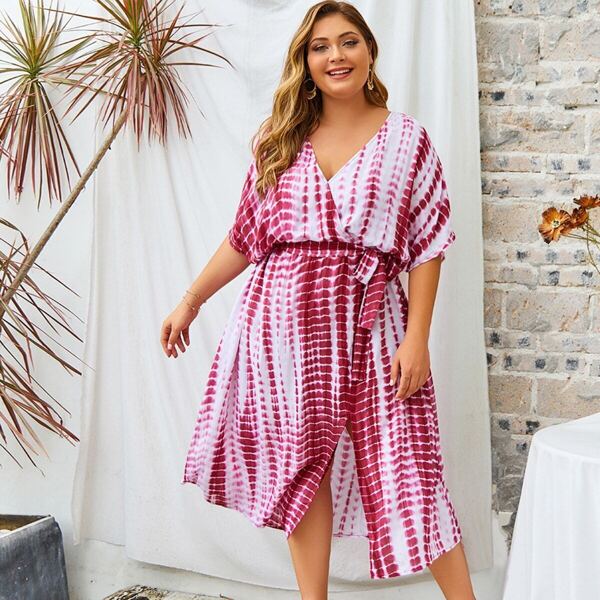 

Plus Tie Dye Split Side Belted Dress, Pink