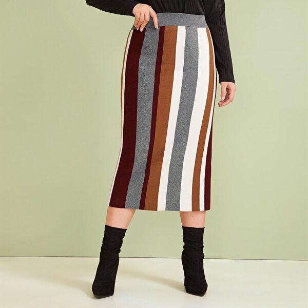 

Plus Colorful Striped Straight Sweater Skirt, Multicolor