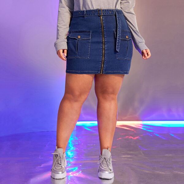 

Plus Zip Up Pocket Belted Denim Skirt