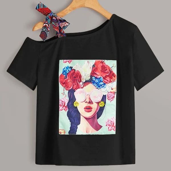 

Plus Figure Graphic Tie Shoulder Tee, Black