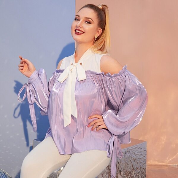 

Plus Cold Shoulder Tie Neck Frill Top, Pastel