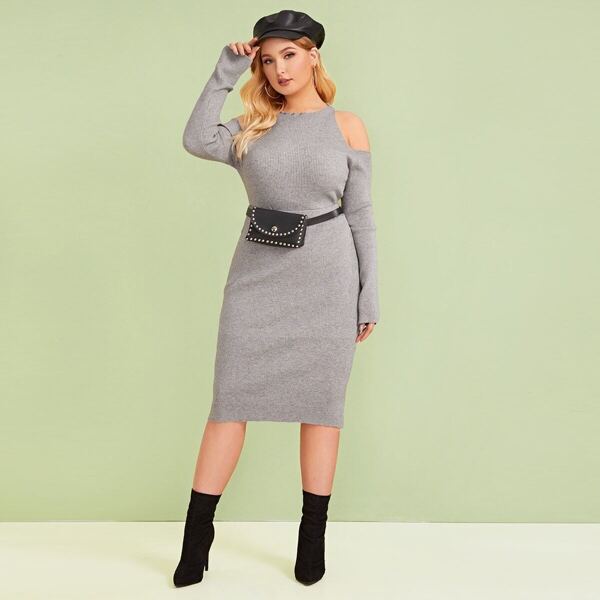 

Plus Cold Shoulder Ribbed Sweater & Skirt Set Without Bag, Grey