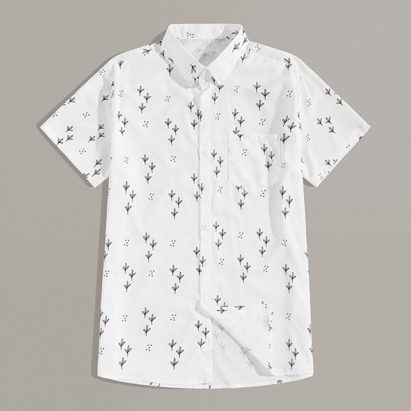 

Men Plants Print Pocket Front Shirt