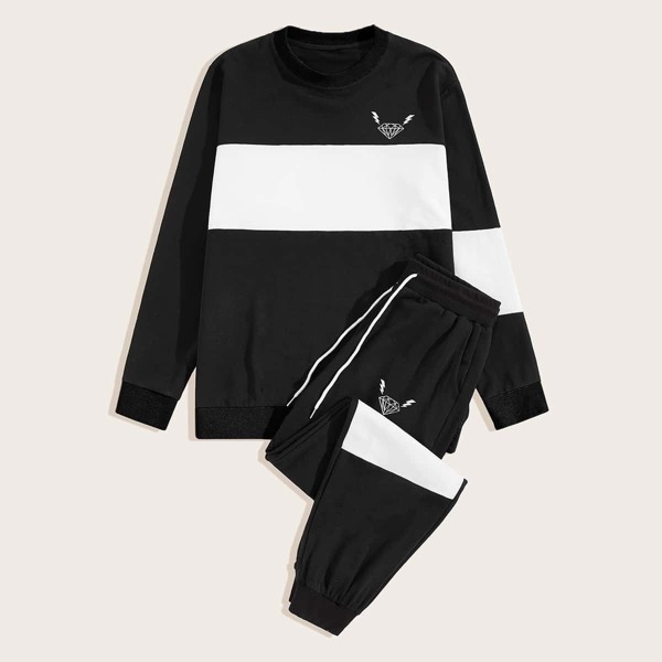 

Men Diamond And Lightning Print Sweatshirt With Joggers, Black and white