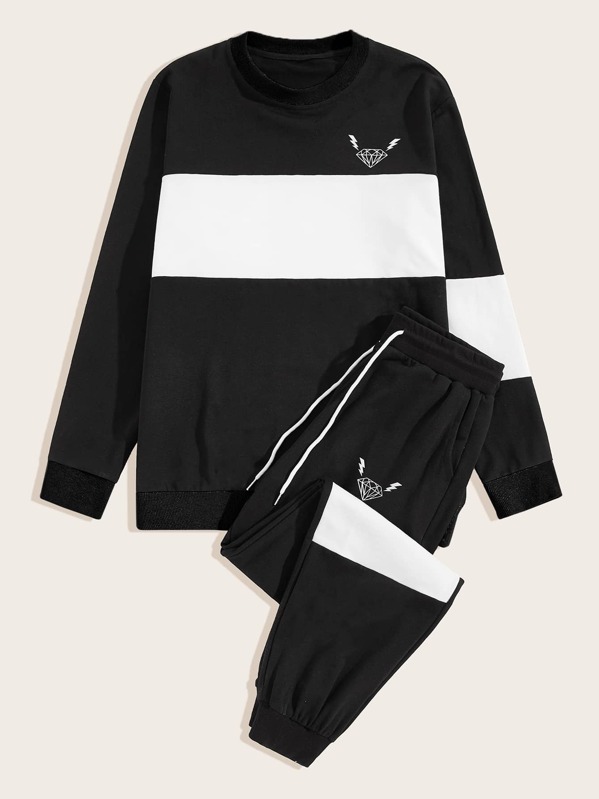 

Men Diamond And Lightning Print Sweatshirt With Joggers, Black and white