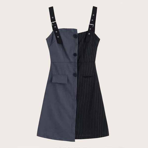 

Garment Eyelets Asymmetrical Spliced Pinafore Dress, Multicolor
