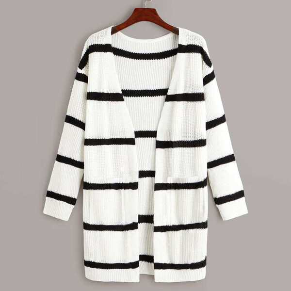 

Striped Dual Pocket Open Front Cardigan, Black and white