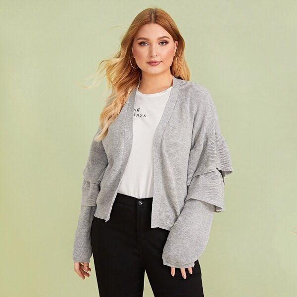 

Plus Ruffle Trim Solid Cardigan, Grey