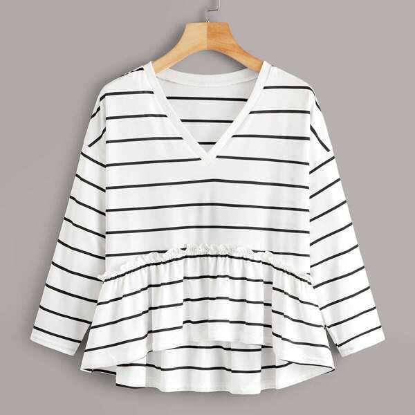 

V-neck Stripe Ruffle Hem Tee