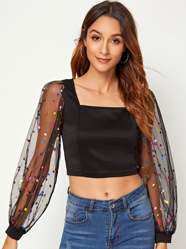 Mesh Panel Polka Dot Sleeve Crop Blouse, Black, Gabi B