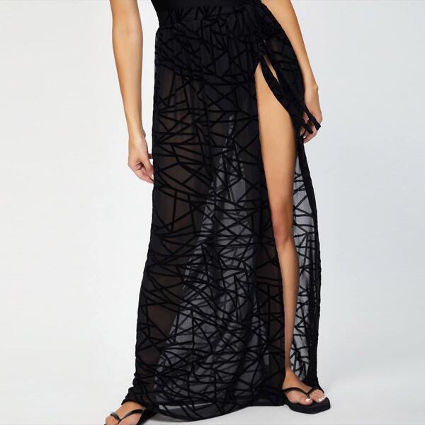 

Devore Detail Sarong Cover Up Skirt, Black