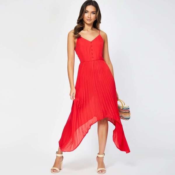 

Pleated Dip Hem Dress, Red bright