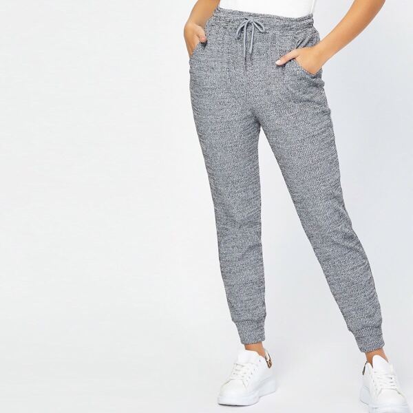 

Drawstring Waist Pocket Side Marled Pants, Grey