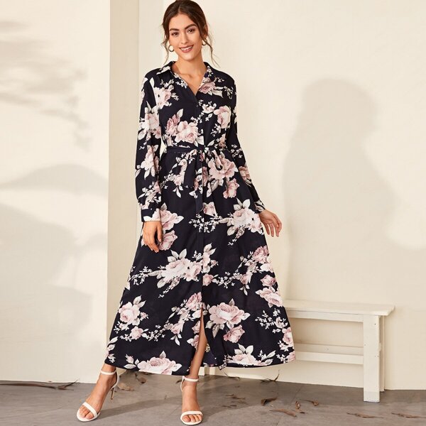 

Floral Button Front Belted Dress