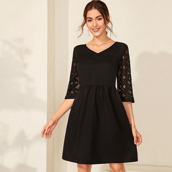 

Sheer Guipure Lace A-line Dress, Black