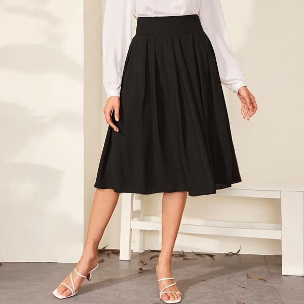 

Wide Band Waist Pleated Solid Skirt, Black