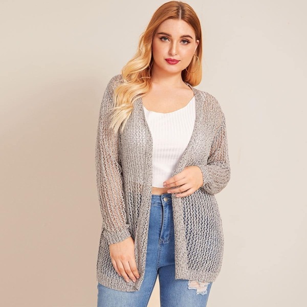 

Plus Open Front Loose Knit Cardigan, Grey