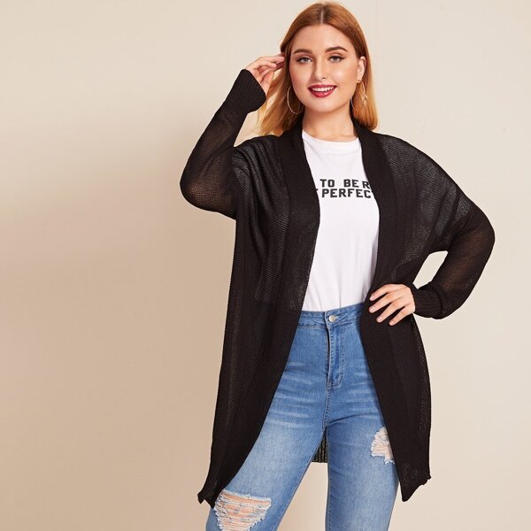 

Plus Open Placket Drop Shoulder Semi Sheer Cardigan, Black
