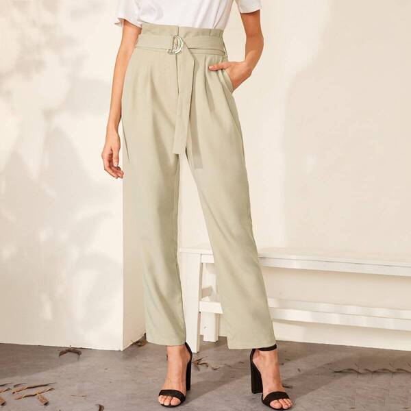 

Ruffle Trim D-ring Belted Pleated Detail Pants