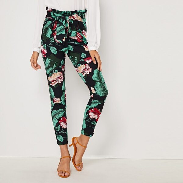

Tropical Print Paperbag Waist Tie Front Skinny Pants
