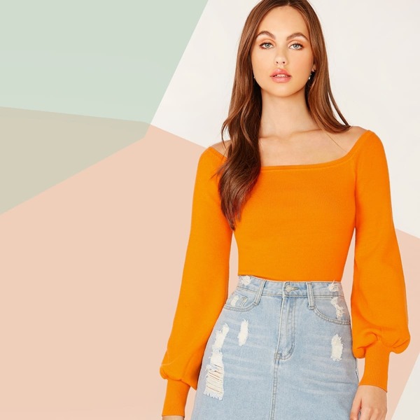 

Neon Orange Off Shoulder Crop Sweater, Orange bright