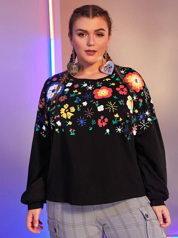 

Plus Drop Shoulder Floral Print Pullover, Black, Angelica