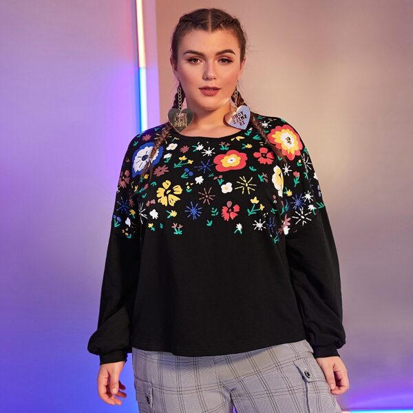 

Plus Drop Shoulder Floral Print Pullover, Black