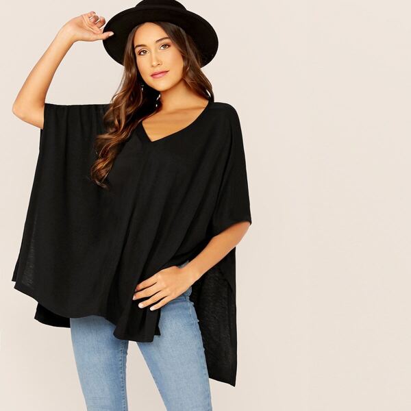 

Double V-neck Split Side Flowy Boxy Top, Black