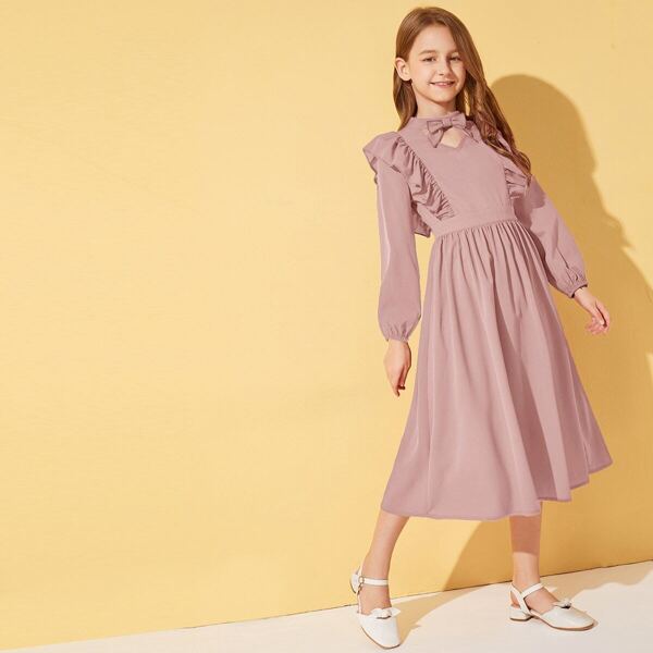 

Girls Bow Detail Ruffle Trim Peekaboo Dress