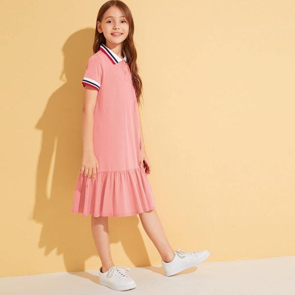 

Girls Button Front Flounce Hem Dress, Pink pastel
