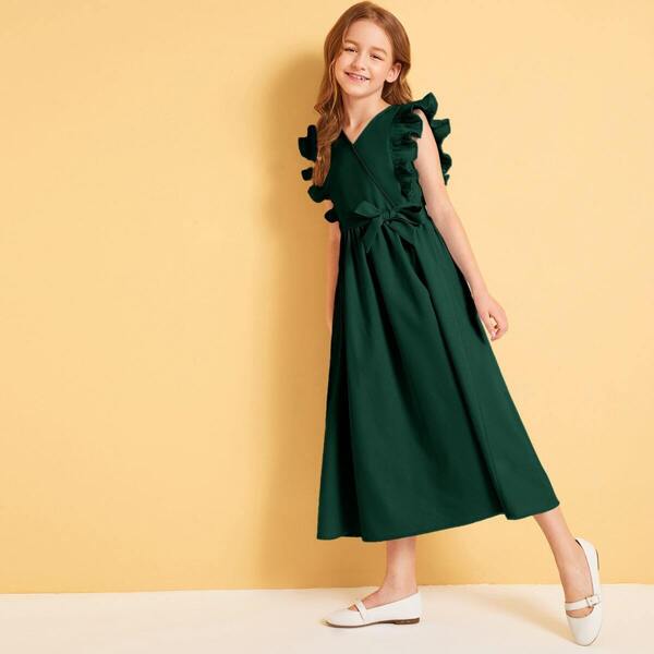 

Girls Pleated Ruffle Armhole Tie Front Dress, Green