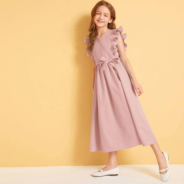 

Girls Pleated Ruffle Armhole Wrap Belted Dress, Pink pastel