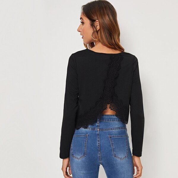 

Guipure Lace Wrap Back Solid Top, Black