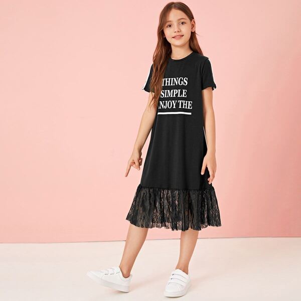

Girls Striped Sleeve Lace Flounce Hem Slogan Dress, Black