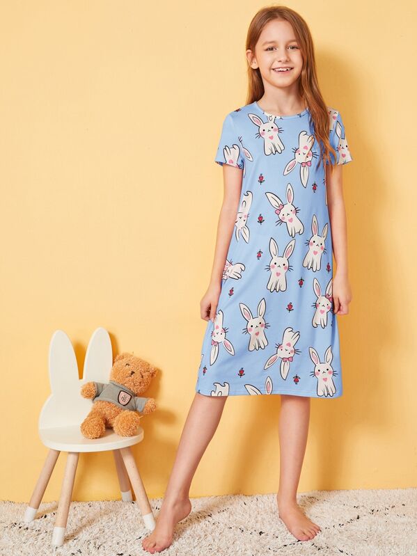 

Girls Cartoon Print Tunic Nightdress, Blue, Sashab
